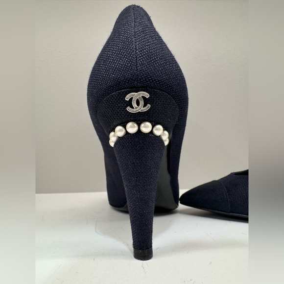 Chanel Navy Blue Canvas Embellished Pointed Toe Pumps - Picture 2 of 6